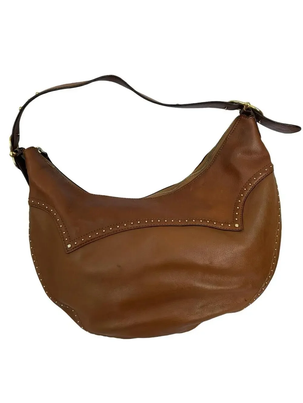 Michael Kors Brown Leather Studded Hobo Shoulder Bag Large Brass‎ Hardware
